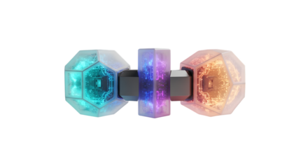 Abstract glowing geometric shape with blue and orange light isolated on white background