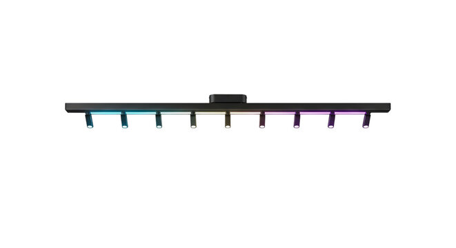 Modern track lighting with colorful neon lights isolated on white background