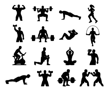 Silhouette workout icons: diverse exercise poses and fitness activities for workout inspiration. - Powered by Adobe