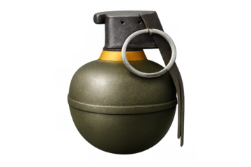 Hand grenade symbolizing danger, war, and illegal weapon possession, olive drab military equipment with a safety pin