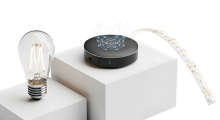 Smart home lighting concept with light bulb, controller and led strip isolated on white background