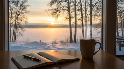 Serene winter morning by the lake sunrise reflections