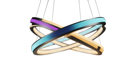 Modern led chandelier with rings of different colors on dark background