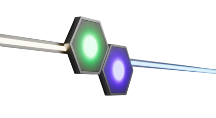 Hexagonal led light with green and purple color on gray background