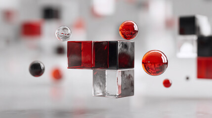 Glass and metal cubes and spheres in an abstract 3D geometric composition, highlighting minimalism, modern design, and futuristic digital aesthetics