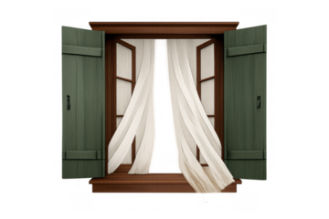 Open window with green shutters and blowing white curtains reflecting a fresh breeze, transparent background
