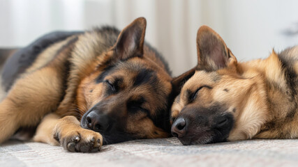 Two dogs resting side by side. Cozy pet friendship concept.