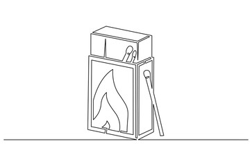 Continuous one line drawing of Matches in box with slow burn. Single line drawing illustration of Half-open matchbox with a stack of matches. Fire starter concept vector art. Doodle line illustration.