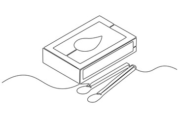 Continuous one line drawing of Matches in box with slow burn. Single line drawing illustration of Half-open matchbox with a stack of matches. Fire starter concept vector art. Doodle line illustration.