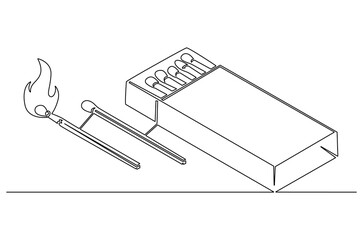 Continuous one line drawing of Matches in box with slow burn. Single line drawing illustration of Half-open matchbox with a stack of matches. Fire starter concept vector art. Doodle line illustration.