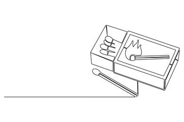 Continuous one line drawing of Matches in box with slow burn. Single line drawing illustration of Half-open matchbox with a stack of matches. Fire starter concept vector art. Doodle line illustration.