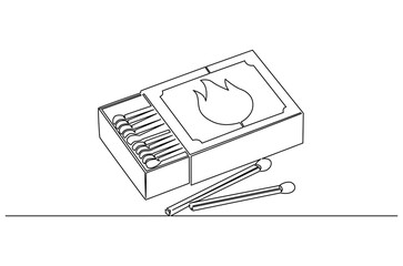 Continuous one line drawing of Matches in box with slow burn. Single line drawing illustration of Half-open matchbox with a stack of matches. Fire starter concept vector art. Doodle line illustration.