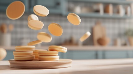 Pancakes flying in the air on a wooden plate in a kitchen setting with blurred background and soft lighting