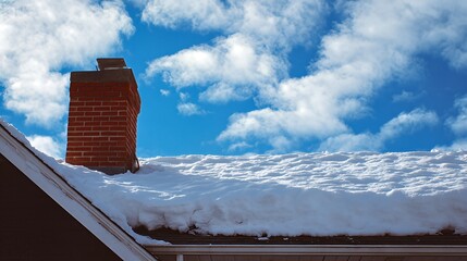 Snowy rooftop with red brick chimney in serene winter landscape with blue sky and white clouds for outdoor scenery