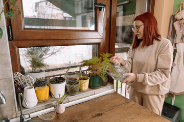 A red-haired young woman carefully waters and cares for her indoor plants by the window