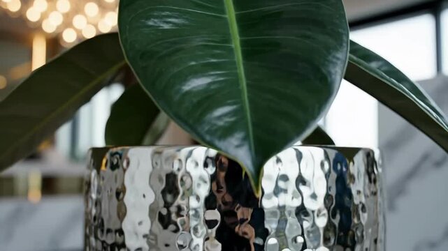 Elegant Rubber Plant In Hammered Silver Pot With Marble Background And Modern Lighting