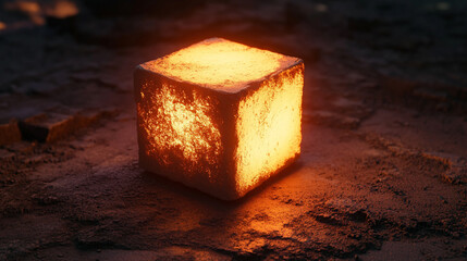 Glowing cube emitting vibrant light in a dark environment, symbolizing futuristic technology, digital innovation, and modern abstract visuals