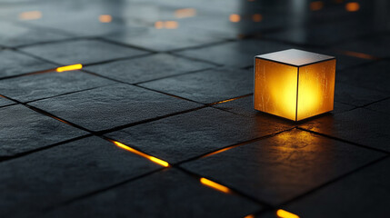 Glowing cube emitting vibrant light in a dark environment, symbolizing futuristic technology, digital innovation, and modern abstract visuals