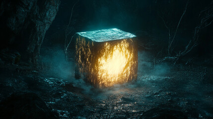 Glowing cube emitting vibrant light in a dark environment, symbolizing futuristic technology, digital innovation, and modern abstract visuals