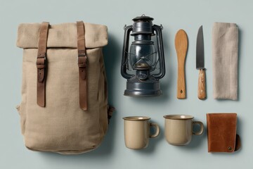 Outdoor camping gear including a backpack lantern mugs knife and spoon laid out flat on a gray background