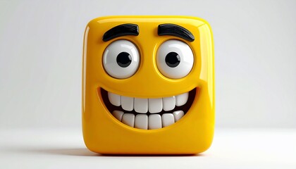 A 3D rendered, smiling, yellow square-shaped face with expressive features