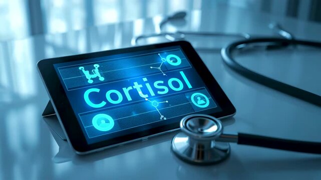 Tablet displaying the word Cortisol with blue molecule graphics beside a stethoscope on a clinical surface