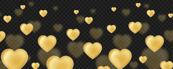 Golden 3D Hearts Background with Soft Bokeh Blur and Floating Love Shapes on Transparent Background