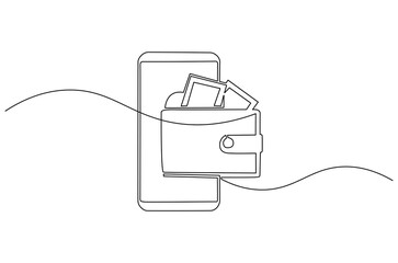 Continuous one line drawing of Sending and receiving payment with a smartphone. Single line drawing illustration of Electronic wallet. Financial savings concept vector art. Doodle line illustration.