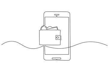 Continuous one line drawing of Sending and receiving payment with a smartphone. Single line drawing illustration of Electronic wallet. Financial savings concept vector art. Doodle line illustration.