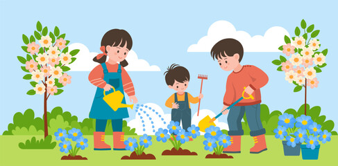 Little children planting tree together. A little sister and two brothers working together outdoors in the garden.