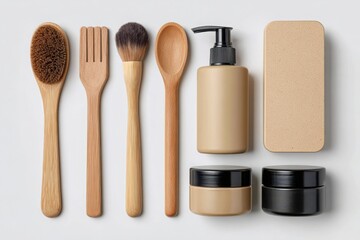 Natural bamboo and kraft paper eco friendly personal care products arranged on white background