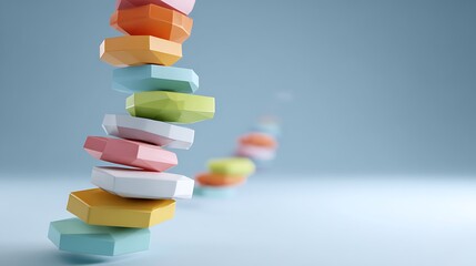 Stack of colorful floating polygonal tokens in pastel shades on a soft blue background, 3d rendering, abstract concept, modern design elements