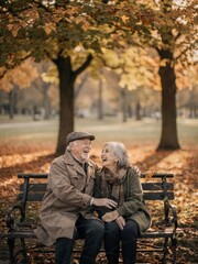Fototapeta premium Joyful Elderly Couple Laughing on Park Bench in Autumn