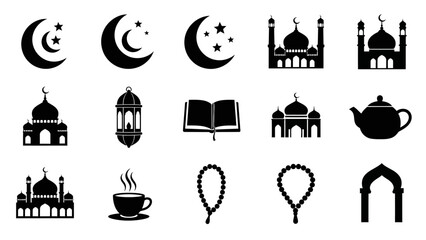 Islamic Religious Symbols and Icons Collection Featuring Crescent Moon, Mosque, Lantern, Quran, and Prayer Beads in Flat Graphic Style