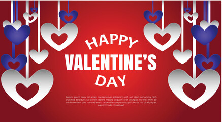 Happy Valentines Day celebration with hanging hearts on red background