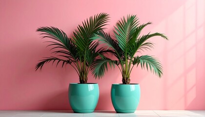 Obraz premium Palm Plants in Turquoise Pots Against Pink Wall Symbolizing Interior Style and Editorial Styling for Decor and Calm