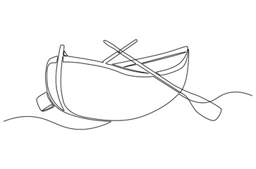 Continuous one line drawing of Old wooden boat with oar. Single line drawing illustration of Traditional wooden canoe. Outdoor adventure-themed concept vector art. Doodle line illustration.