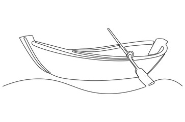 Continuous one line drawing of Old wooden boat with oar. Single line drawing illustration of Traditional wooden canoe. Outdoor adventure-themed concept vector art. Doodle line illustration.