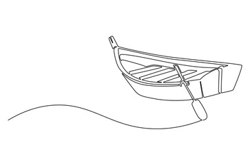 Continuous one line drawing of Old wooden boat with oar. Single line drawing illustration of Traditional wooden canoe. Outdoor adventure-themed concept vector art. Doodle line illustration.