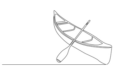 Continuous one line drawing of Old wooden boat with oar. Single line drawing illustration of Traditional wooden canoe. Outdoor adventure-themed concept vector art. Doodle line illustration.
