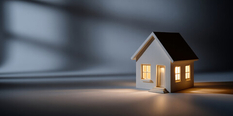 Small illuminated white model house with glowing on smooth surface in dark ambient setting