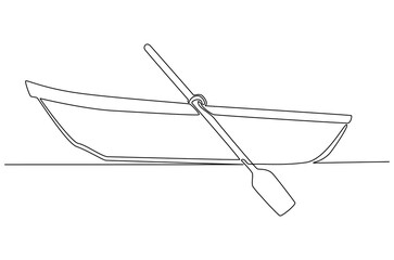 Continuous one line drawing of Old wooden boat with oar. Single line drawing illustration of Traditional wooden canoe. Outdoor adventure-themed concept vector art. Doodle line illustration.