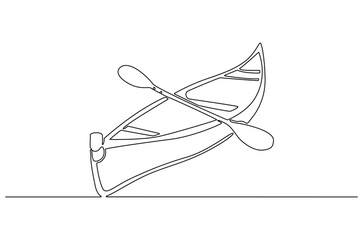 Continuous one line drawing of Old wooden boat with oar. Single line drawing illustration of Traditional wooden canoe. Outdoor adventure-themed concept vector art. Doodle line illustration.