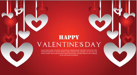 Valentines Day celebration with hanging hearts on red background