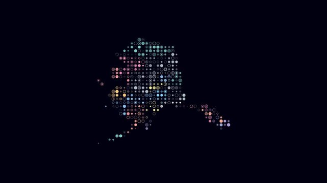 Alaska animated shape. Pulsating colored dots on the map of the state. Small size circle blocks. Digital style Alaska map on dark background. Modern animation video.