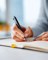 A person is writing in a notebook with a pen on the table, close up of hands and book