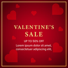 Valentine s day sale advertisement with red hearts on a dark red background