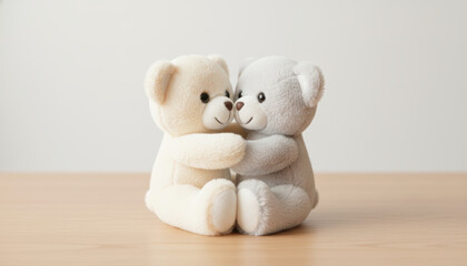 Two Teddy Bears Embracing in a Hug., Symbol of friendship, comfort, sympathy and love., Hug Day Concept.