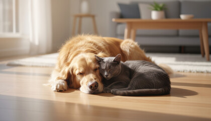 Golden retriever dog and grey cat sleeping together on the floor in a cozy living room. Concept of unusual animal friendship, peace and comfort.