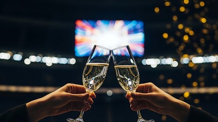 Elegant hands toasting with champagne flutes with reflections of a euphoric stadium celebration, representing shared success and an exclusive victory.
